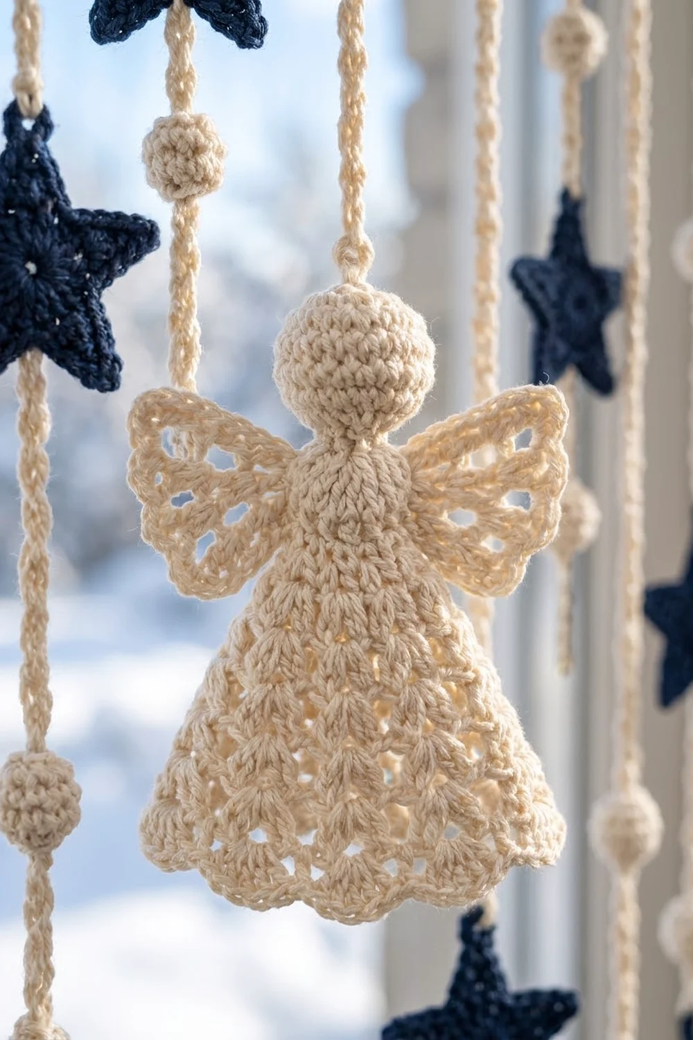 Cream-colored crocheted angel ornament with lacy wings hanging from twine among navy stars.