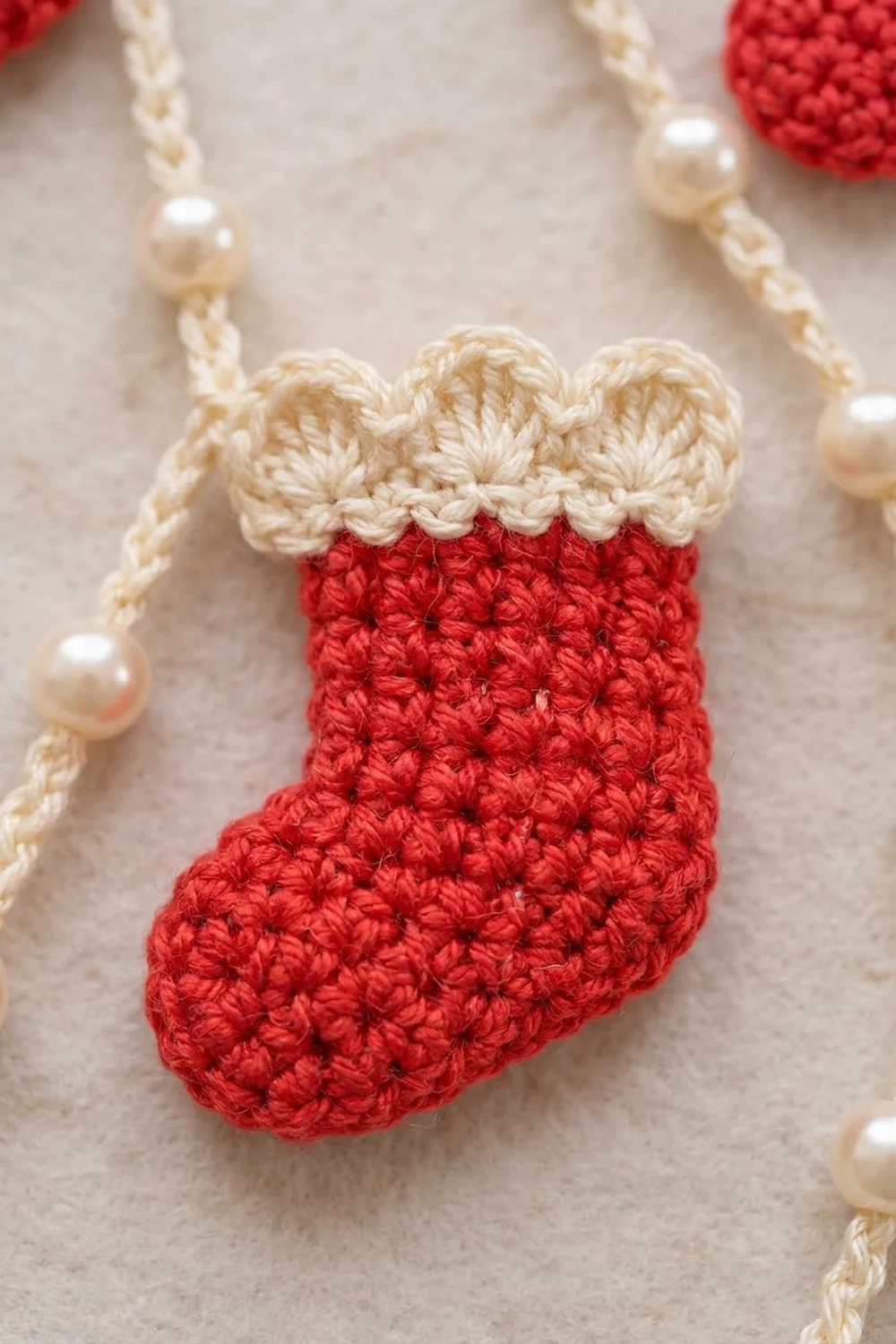 A tiny crocheted red stocking with cream cuff ornament on a beaded cream cord against neutral background.