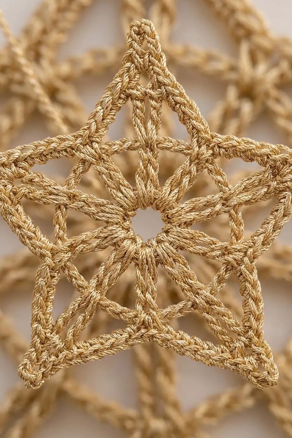 A woven jute star ornament in sharp focus with blurred matching stars visible in the soft background.