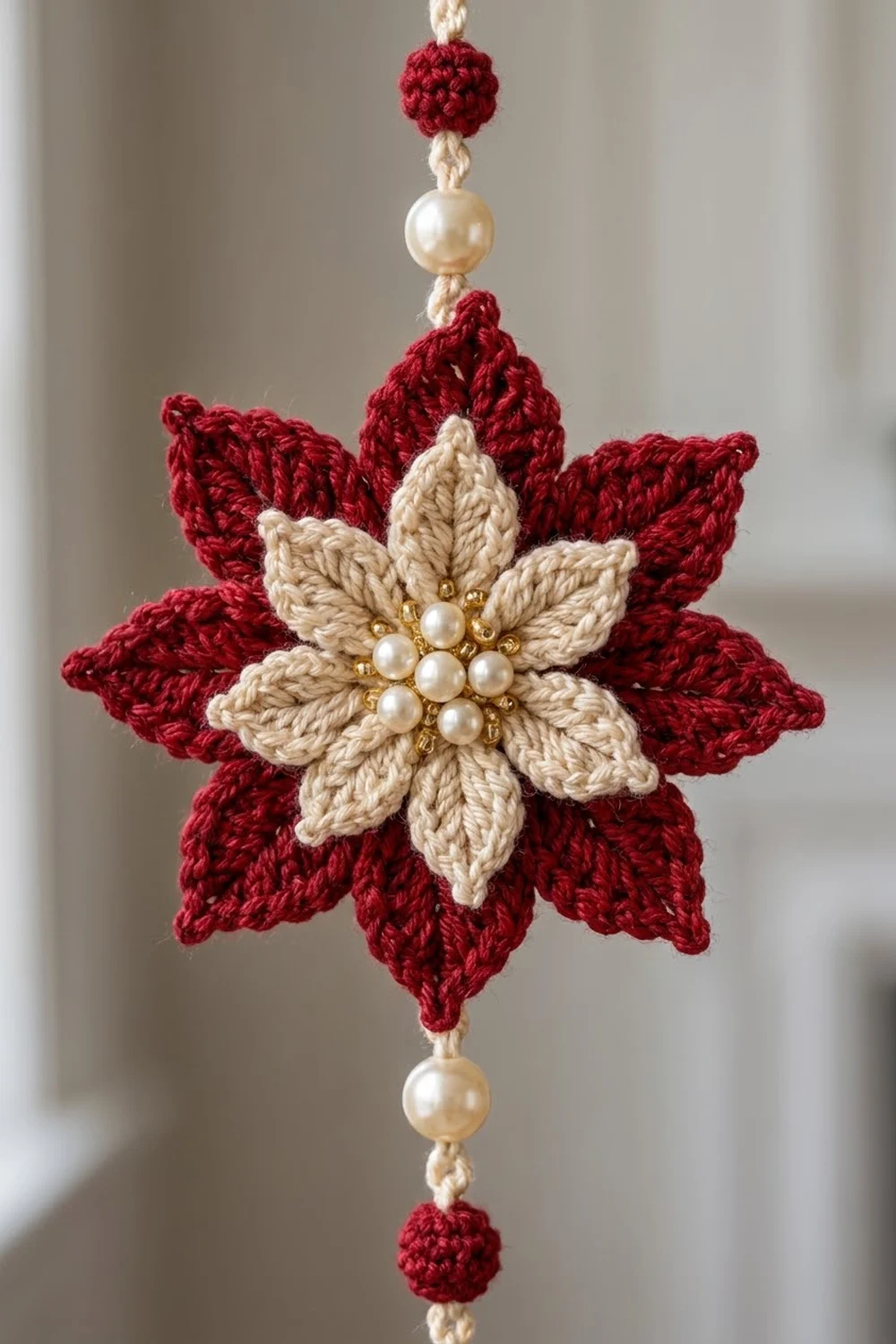 A handmade crochet poinsettia ornament with red petals, cream center, and pearl bead accents hanging from string.