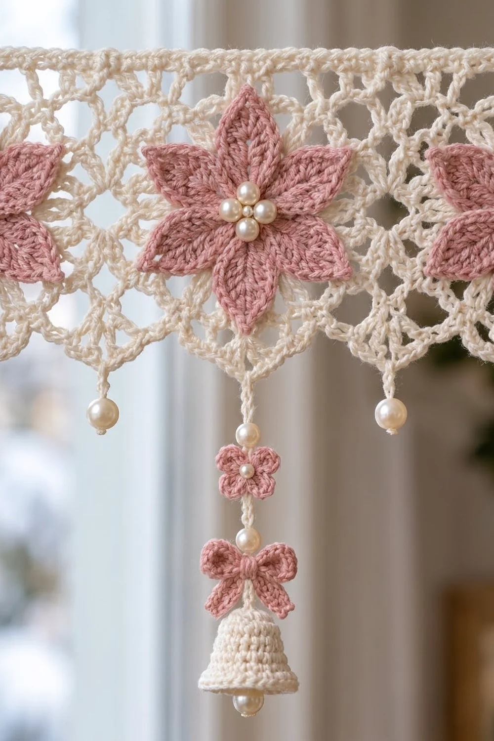 Crocheted lace garland with pink flowers and pearl beads hanging in a bright window.