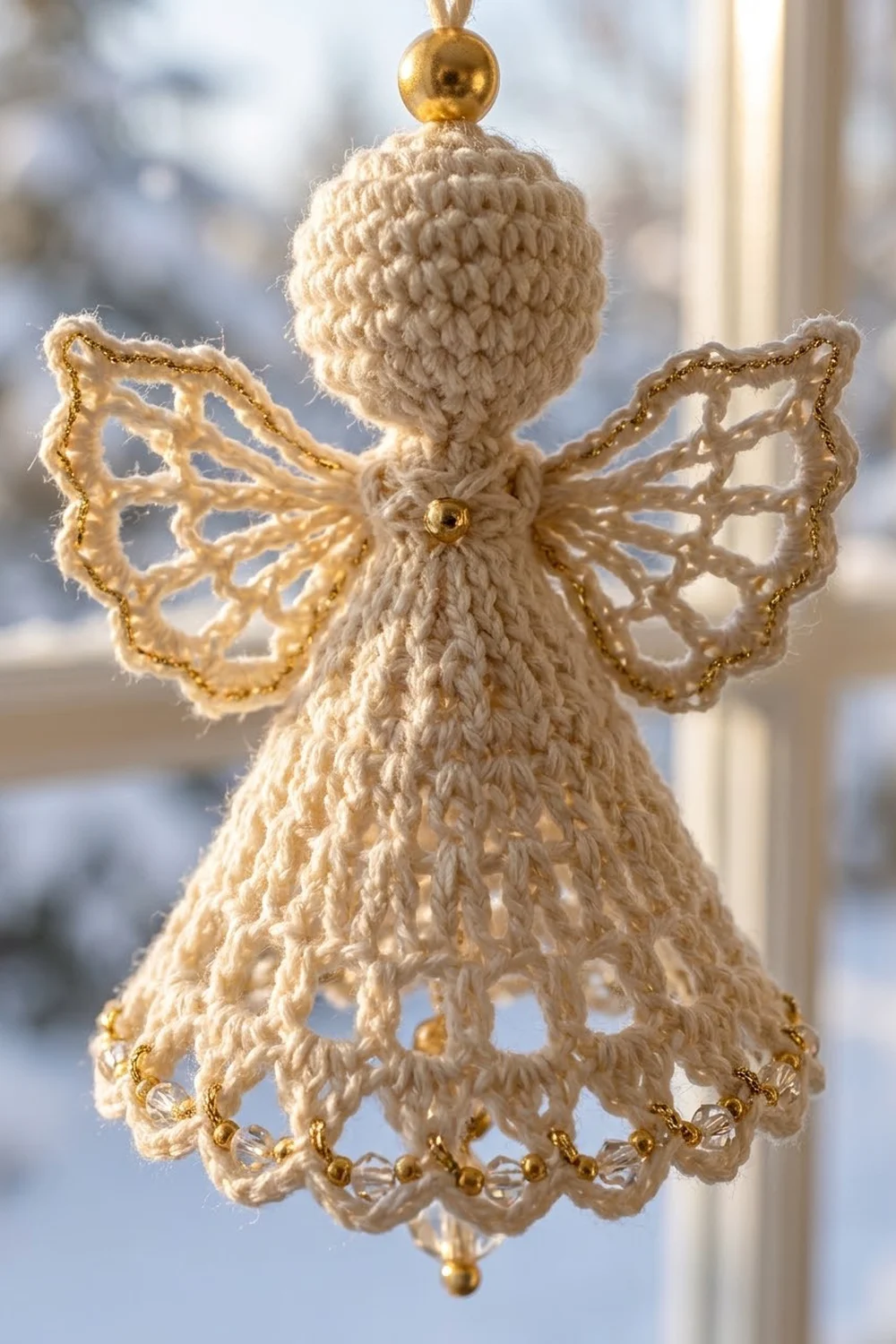 Handmade crocheted angel ornament with cream yarn, gold filigree wings, and beaded trim hanging in window.