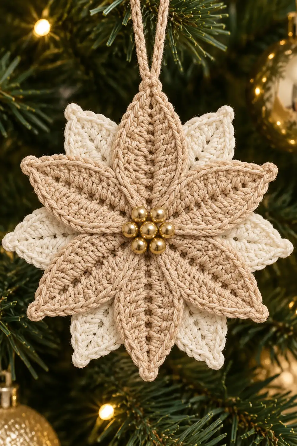 Crocheted poinsettia ornament in cream and tan with gold beads, hanging on evergreen tree with lights.