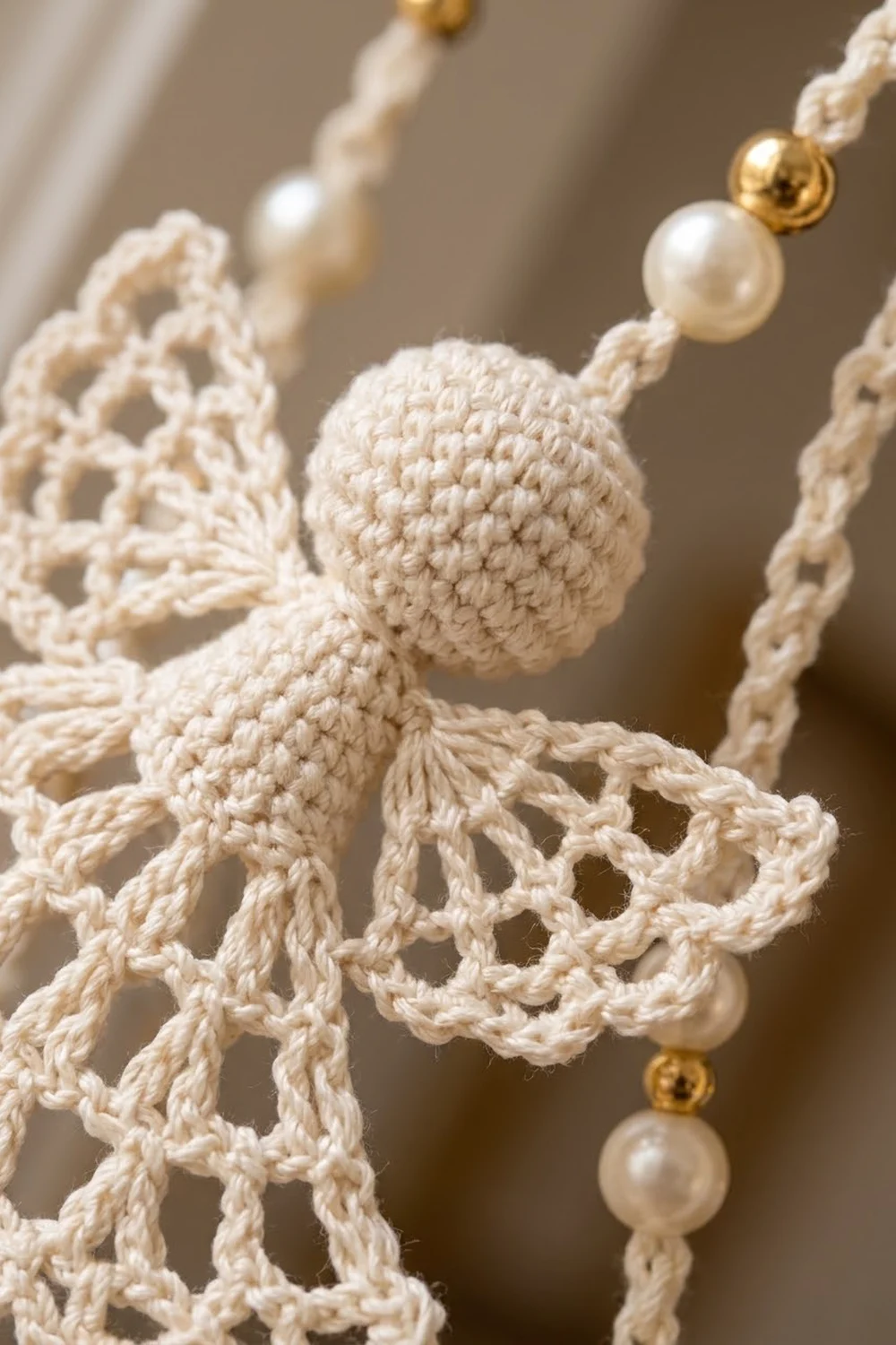 Handmade macramé angel ornament with crocheted spheres and pearl beads on cream-colored twisted cord.