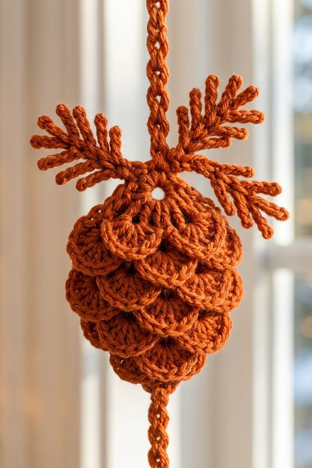 A crocheted pineapple ornament in rust orange yarn hanging by a twisted cord against a blurred window background.