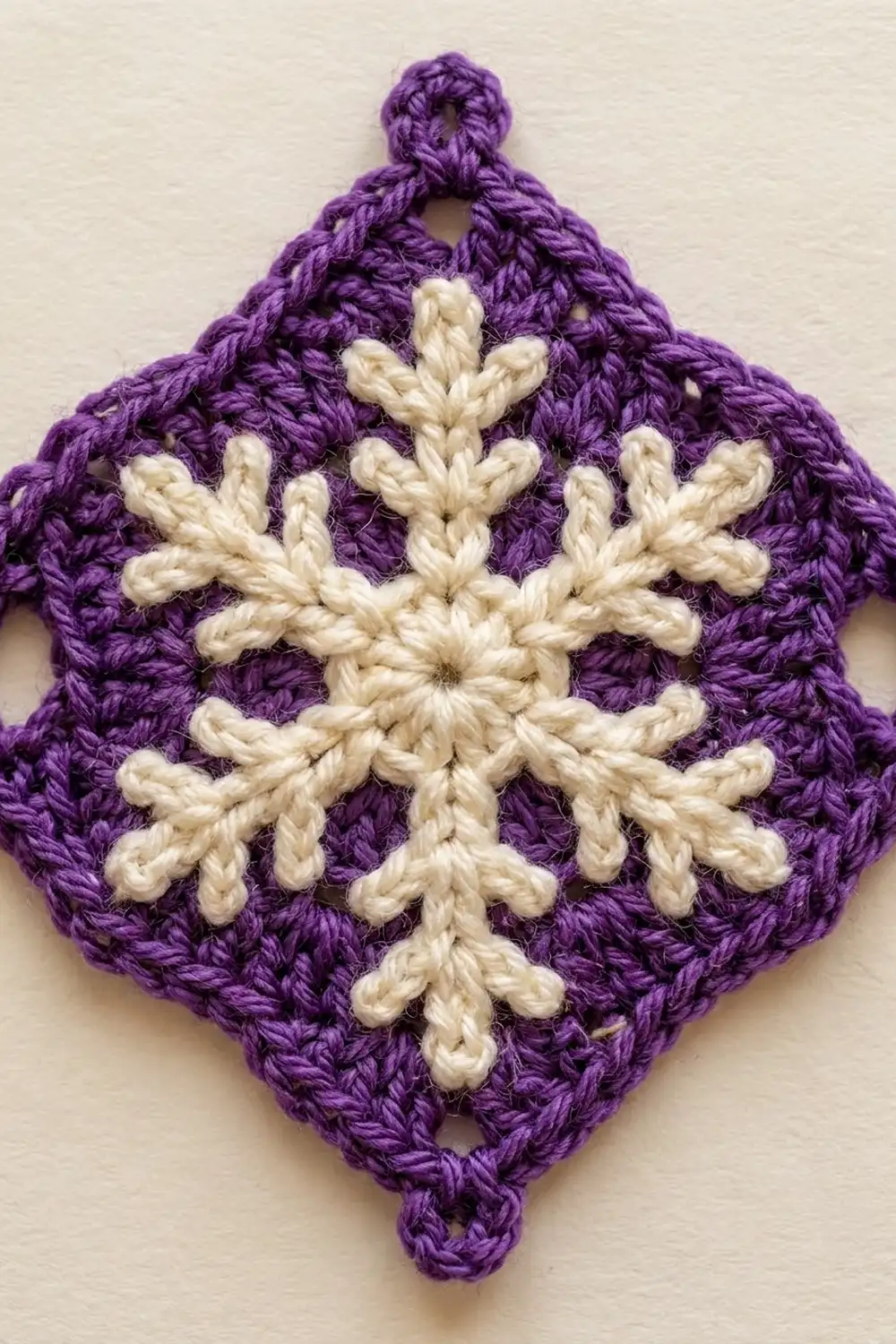 A crocheted purple diamond-shaped ornament with a cream-colored snowflake design displayed against a white background.