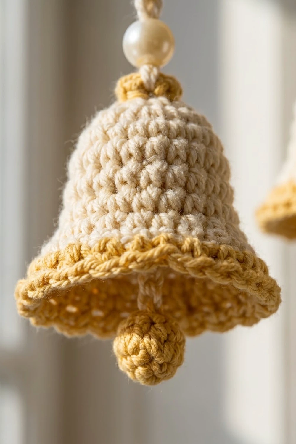A crocheted bell ornament with cream and gold yarn hanging from a pearl beaded string against a blurred background.