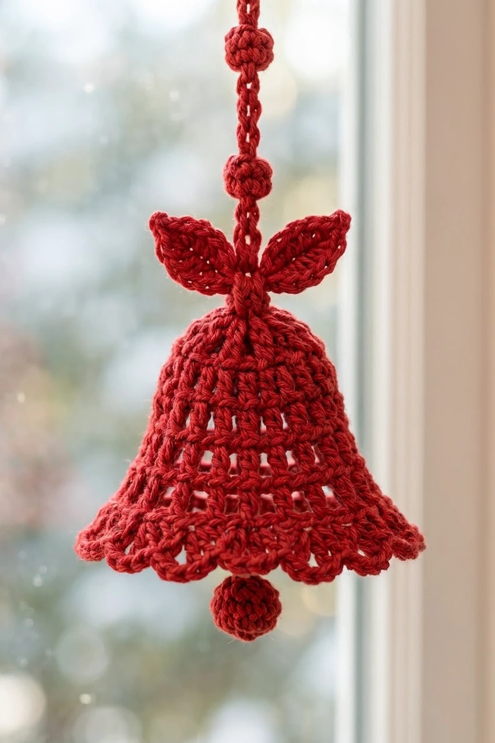 A red crocheted bell ornament with leaf details hanging in a window against a blurred outdoor background.