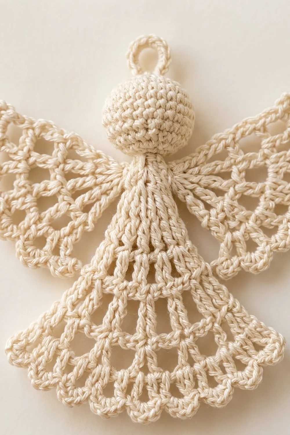 A cream-colored crocheted angel ornament with a spherical head and delicate lacy wings displayed against a beige background.