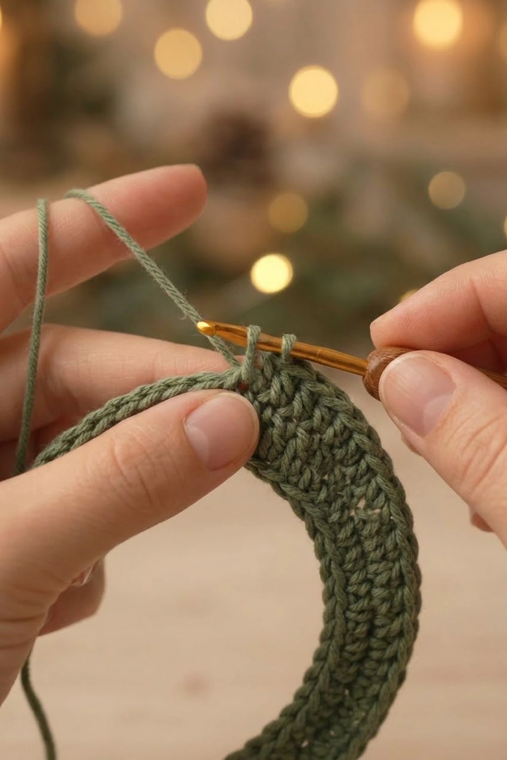 Close-up of hands crocheting sage green yarn with a wooden hook against a blurred holiday background.