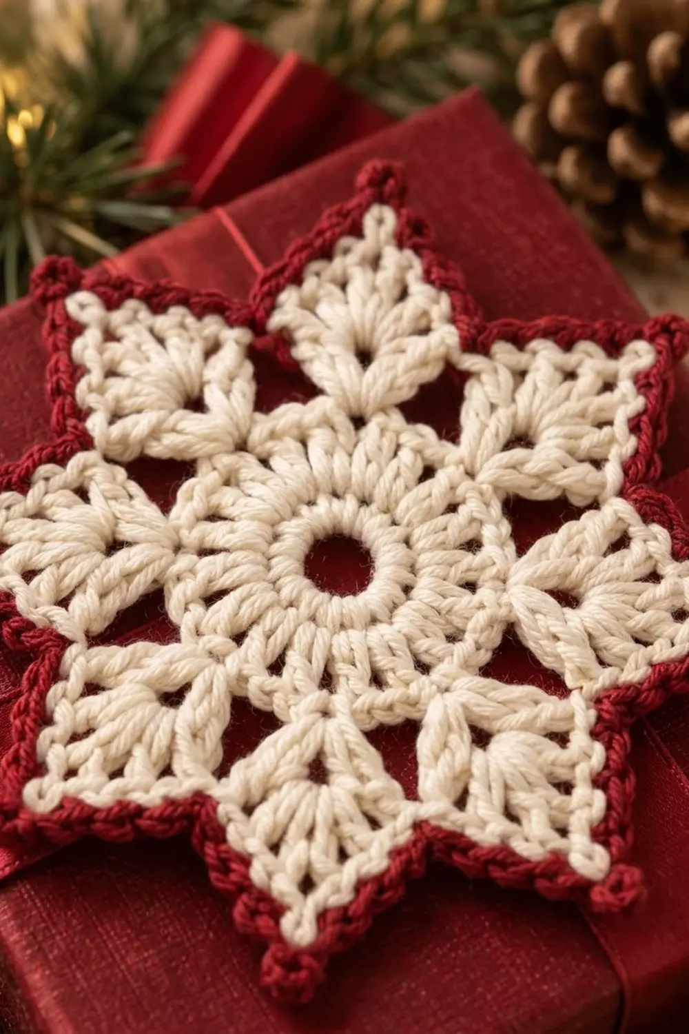 A crocheted cream and burgundy snowflake ornament displayed on a red fabric with holiday greenery and pinecones.