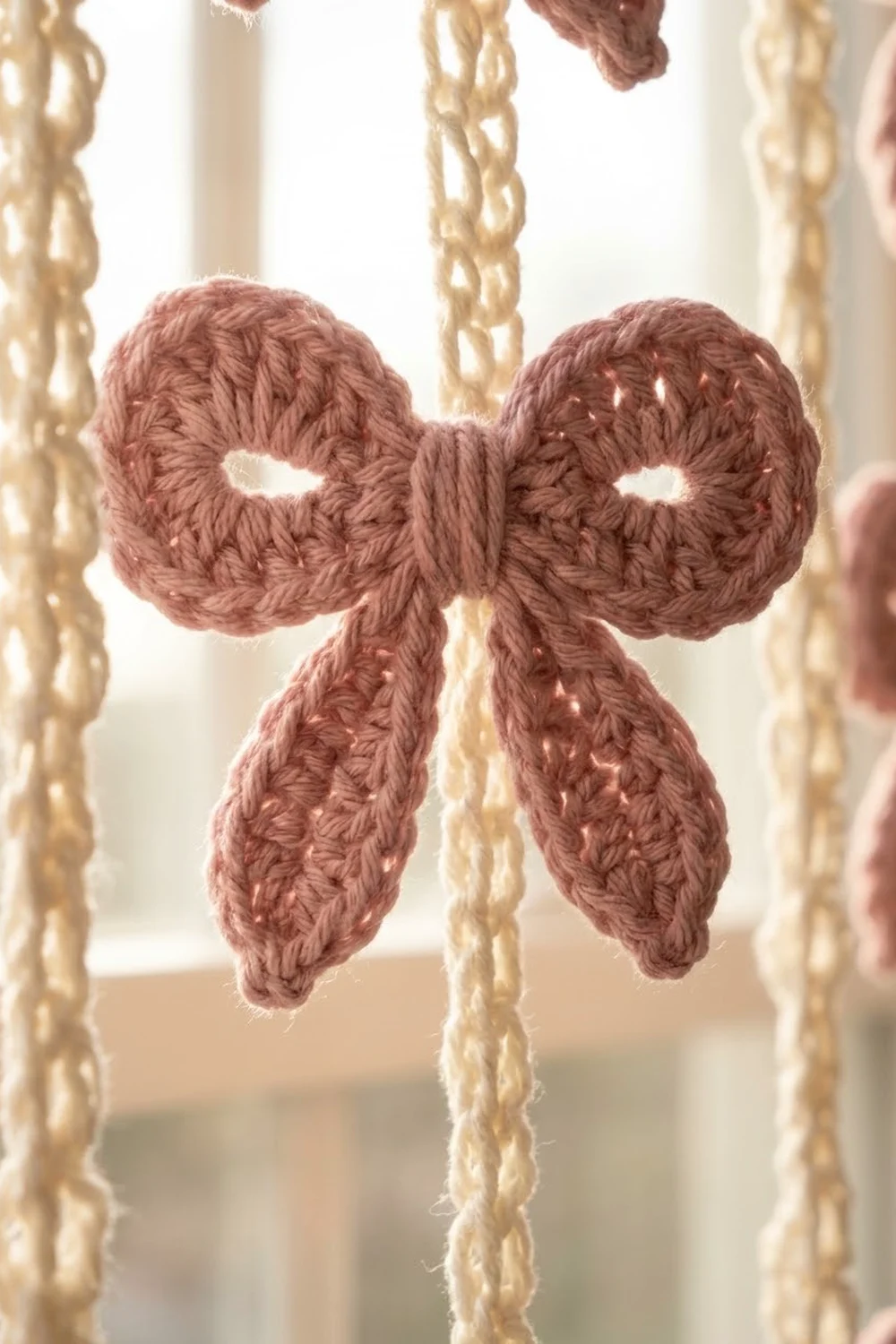 A dusty rose crocheted bow ornament hanging from cream-colored chain strands in soft natural light.