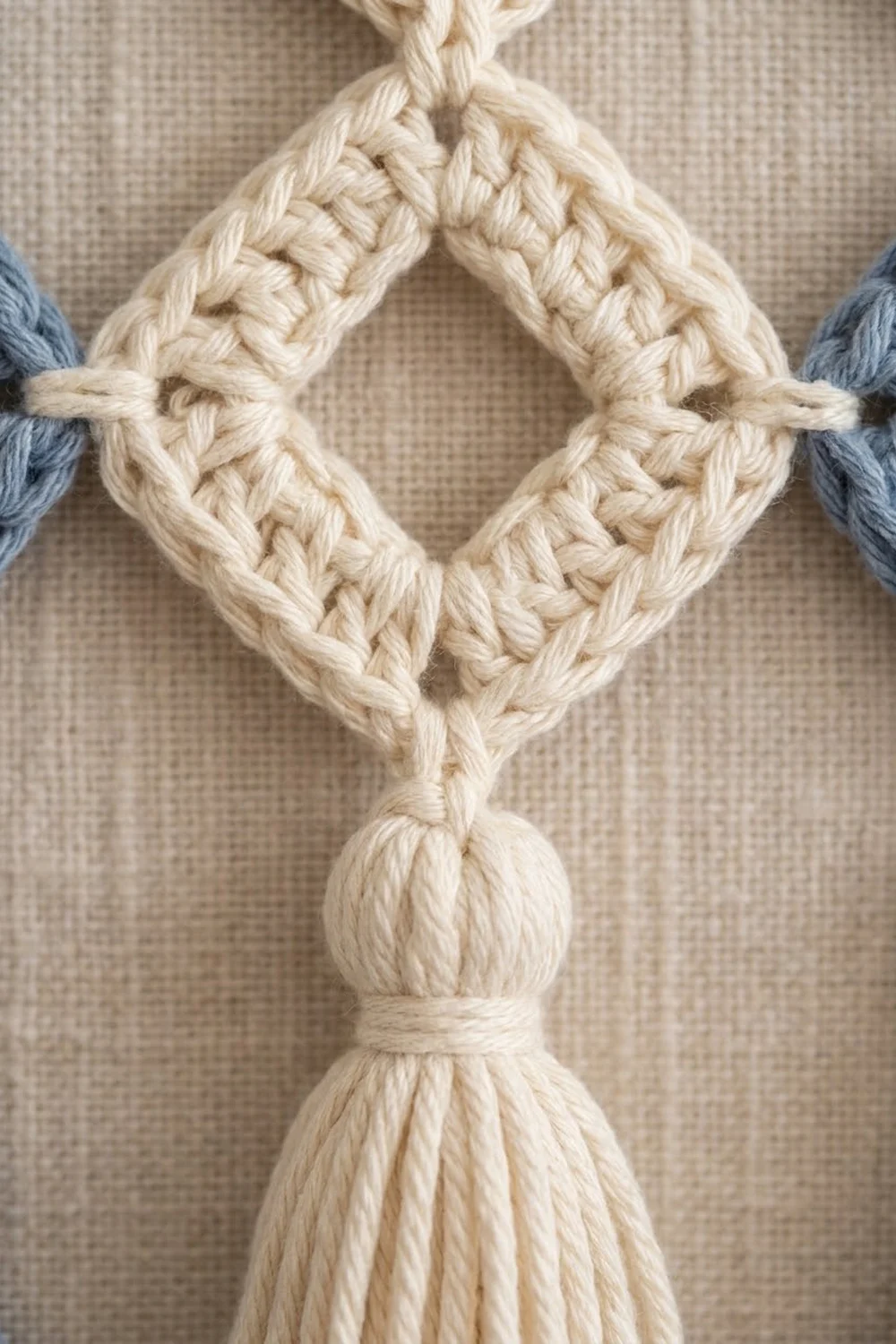 Close-up of a cream-colored macramé knot with braided diamond pattern and tassel, featuring blue rope accents.