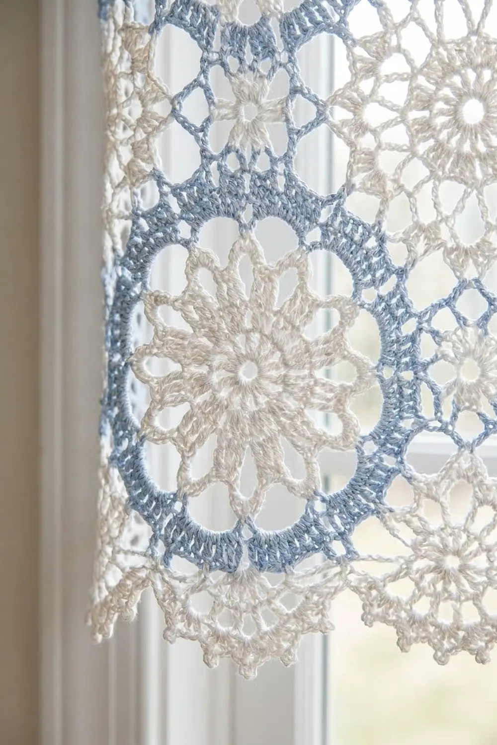Close-up of delicate crochet lace doily in cream and blue-gray tones hanging in front of a bright window.