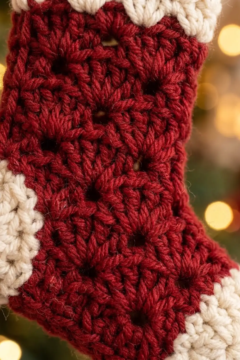 Close-up of red crocheted fabric with white trim edges against a blurred warm-toned background.