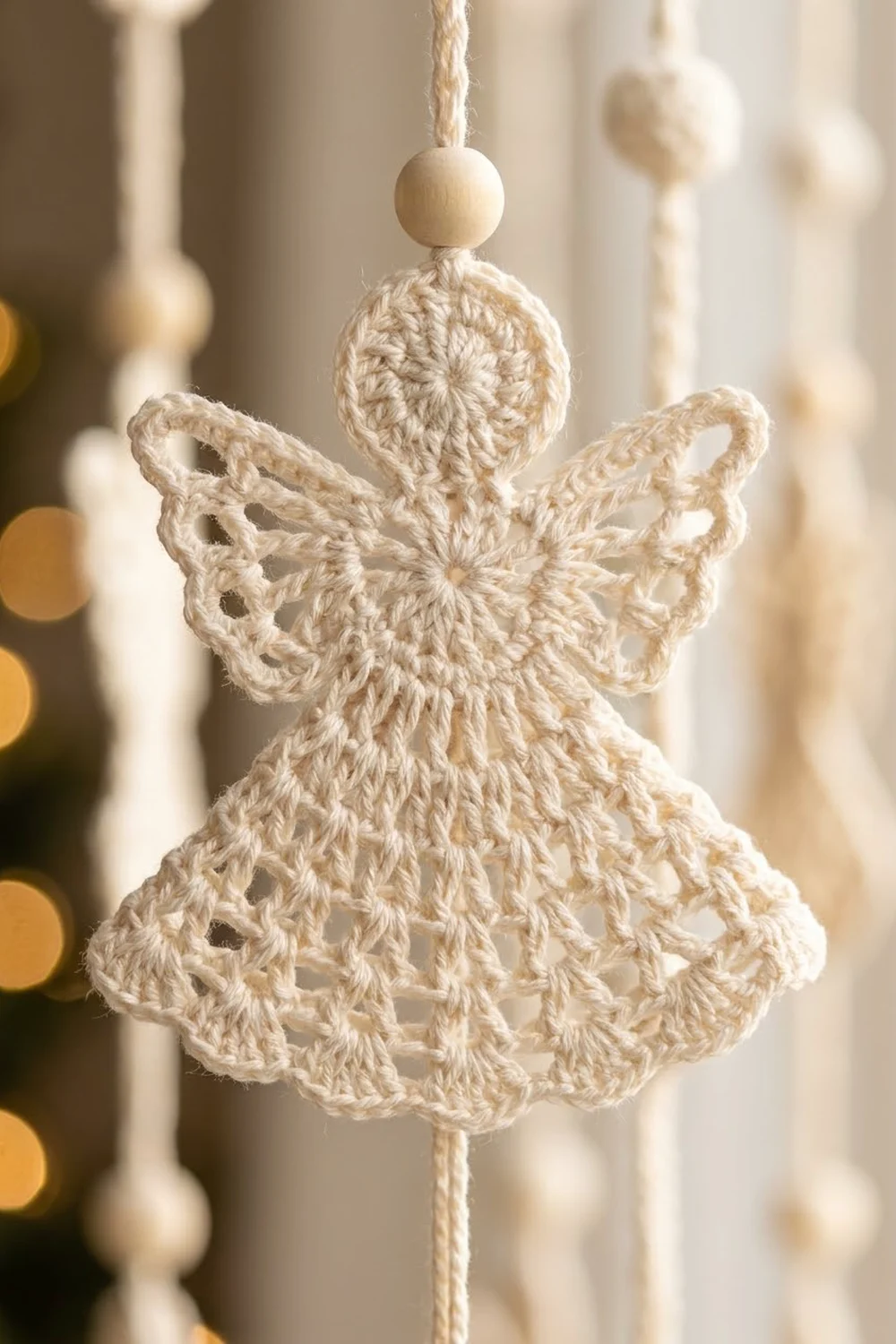 Crocheted cream-colored angel ornament with delicate lacework wings and wooden bead, hanging from twine.