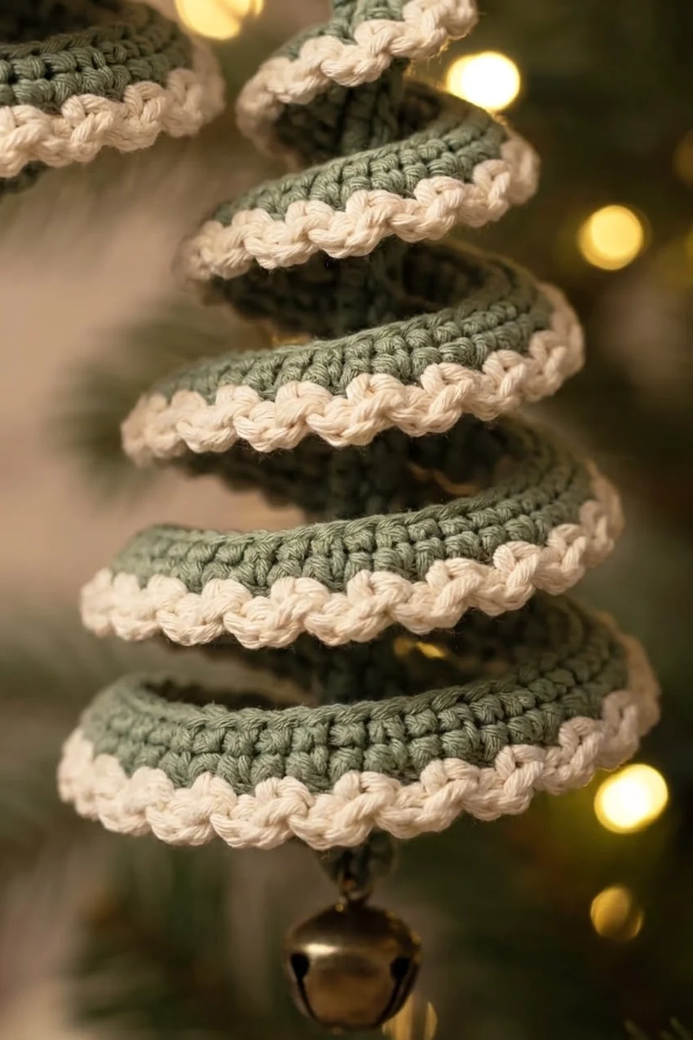 Crocheted Christmas tree ornament with alternating sage green and cream stripes, topped with a brass bell.