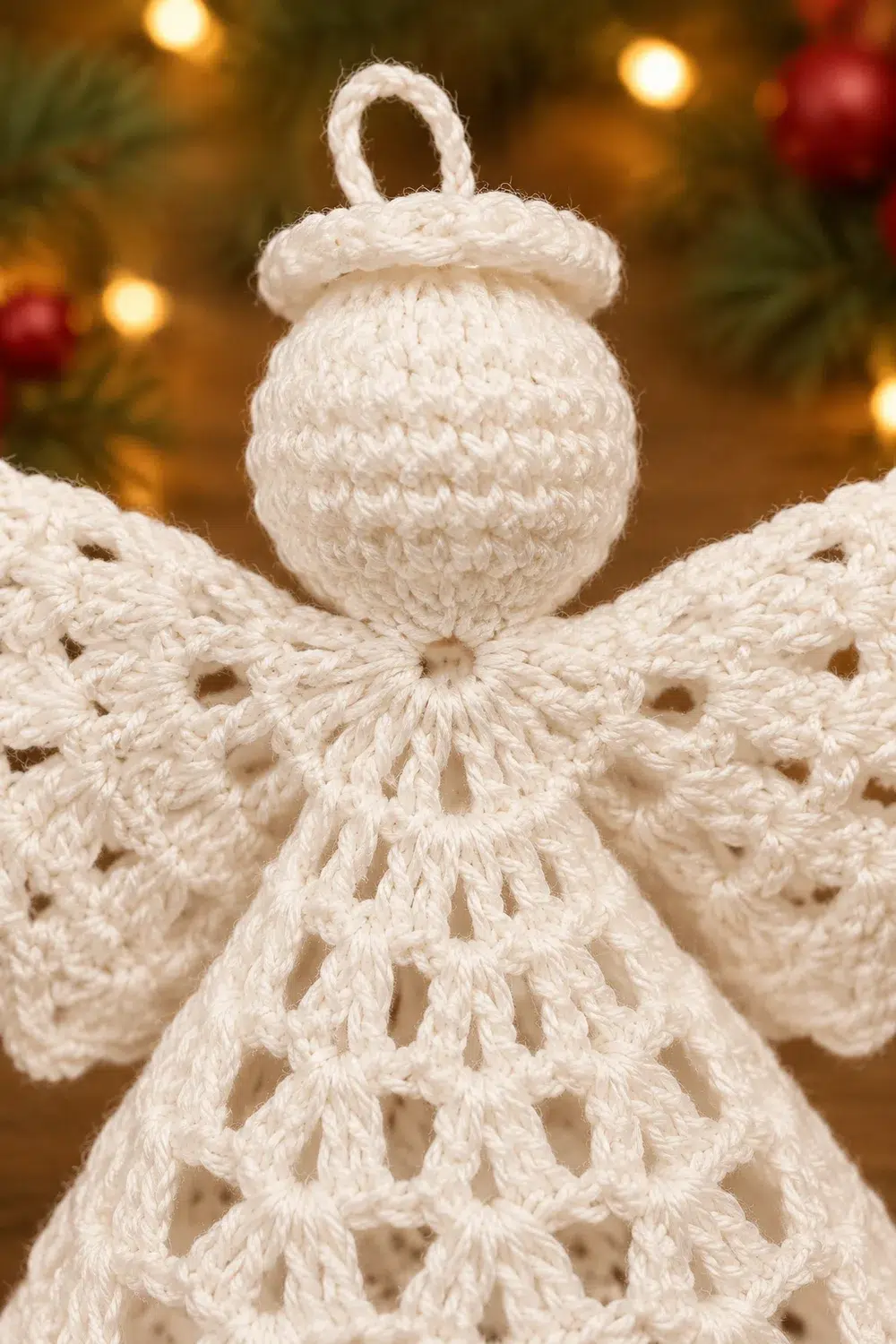 Handmade crocheted white angel ornament with delicate wings displayed against a festive, blurred Christmas background.
