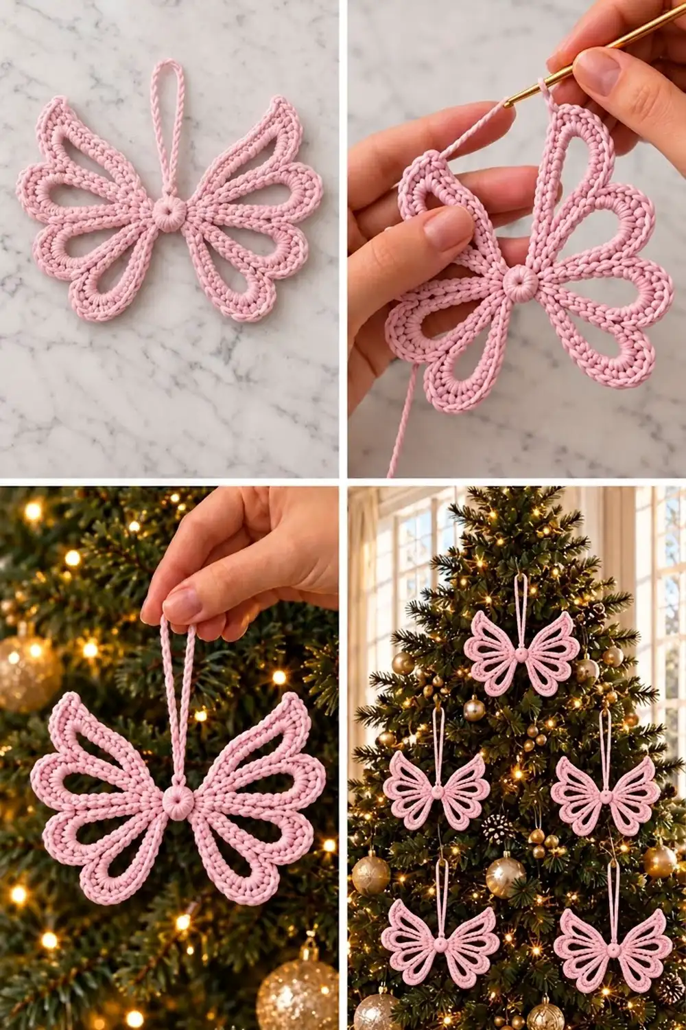Pink crocheted bow ornaments displayed on marble, held in hands, and hanging from a Christmas tree with gold decorations.
