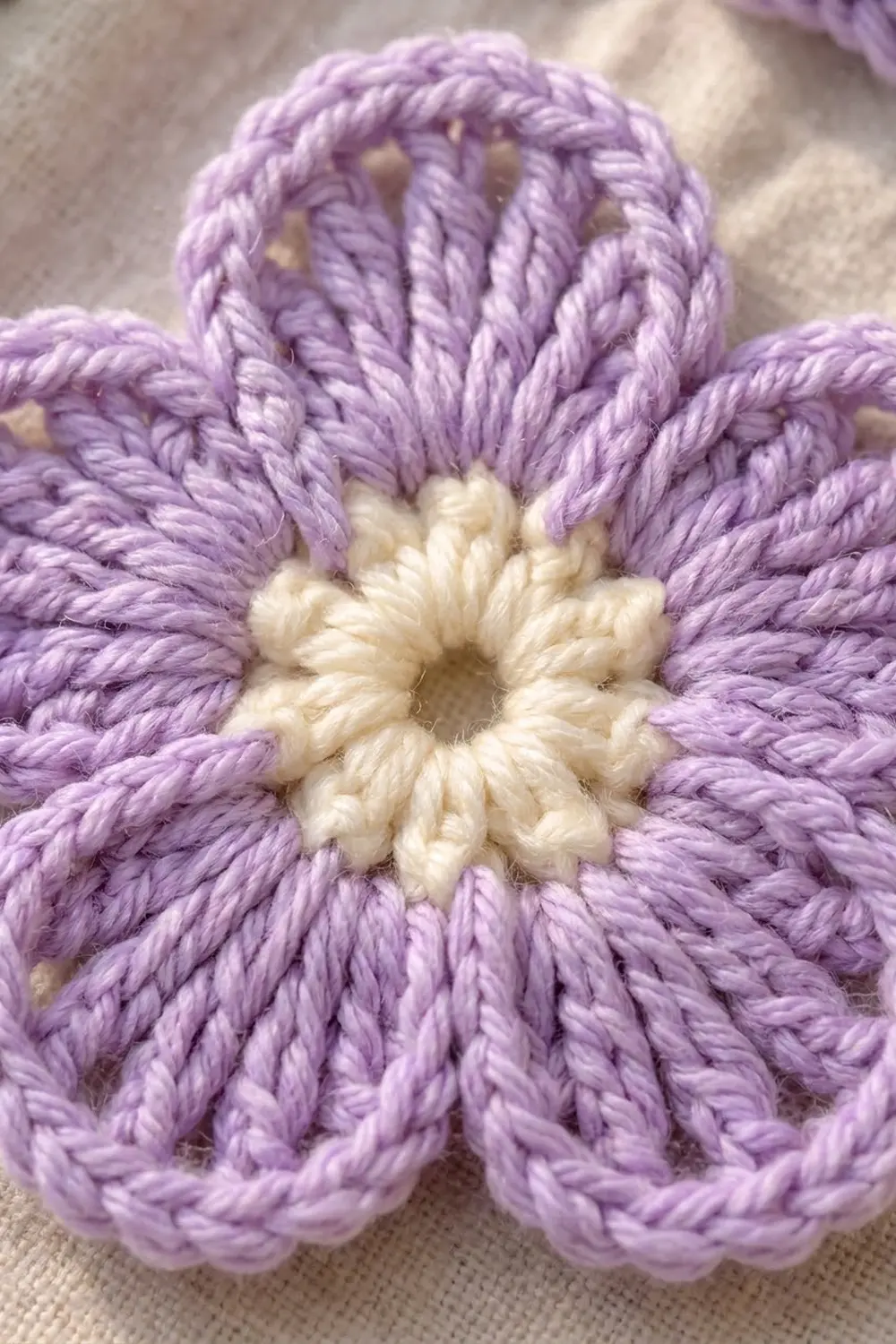 A crocheted flower with lavender petals and a cream-colored center displayed on a beige fabric background.