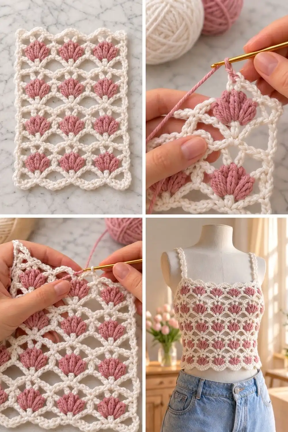 Cream and pink crochet shell stitch swatch displayed flat and worn as a fitted tank top on a mannequin.