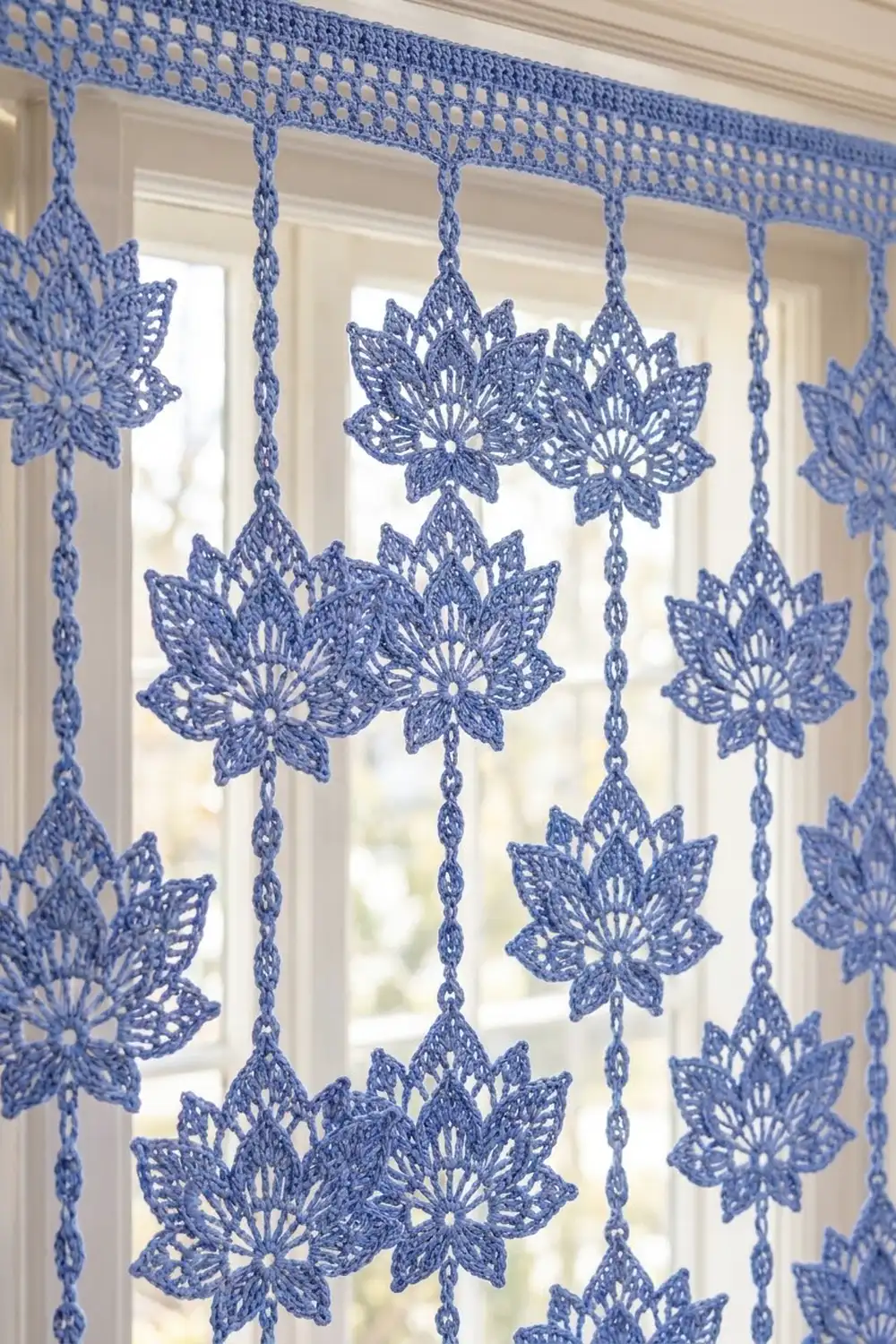 Blue crocheted lace flower curtain panel hanging in front of a bright window with white trim.