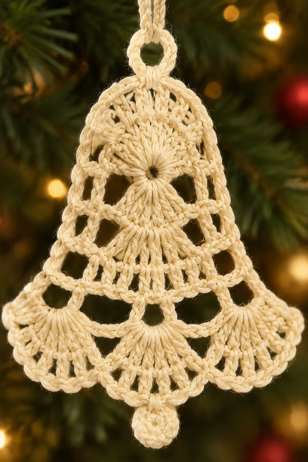 A cream-colored macramé bell ornament with intricate knotwork hanging from a rope loop on an evergreen tree.