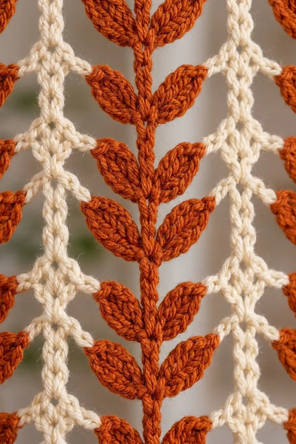 Close-up of crocheted fabric with orange tulip motifs alternating with cream-colored vertical striped columns.