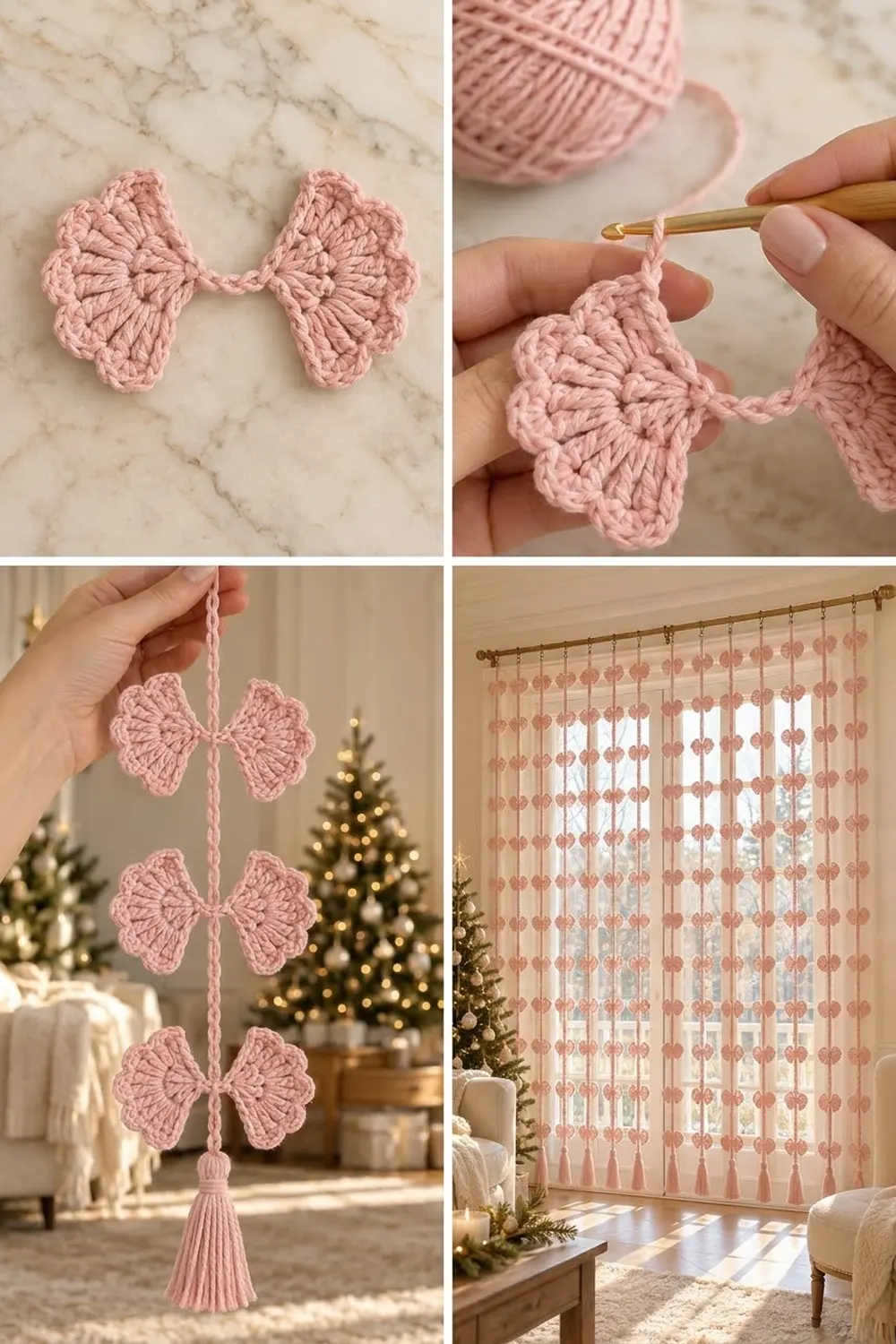 Pink crocheted bow ornaments connected by yarn string with tassel, displayed as festive holiday decoration.