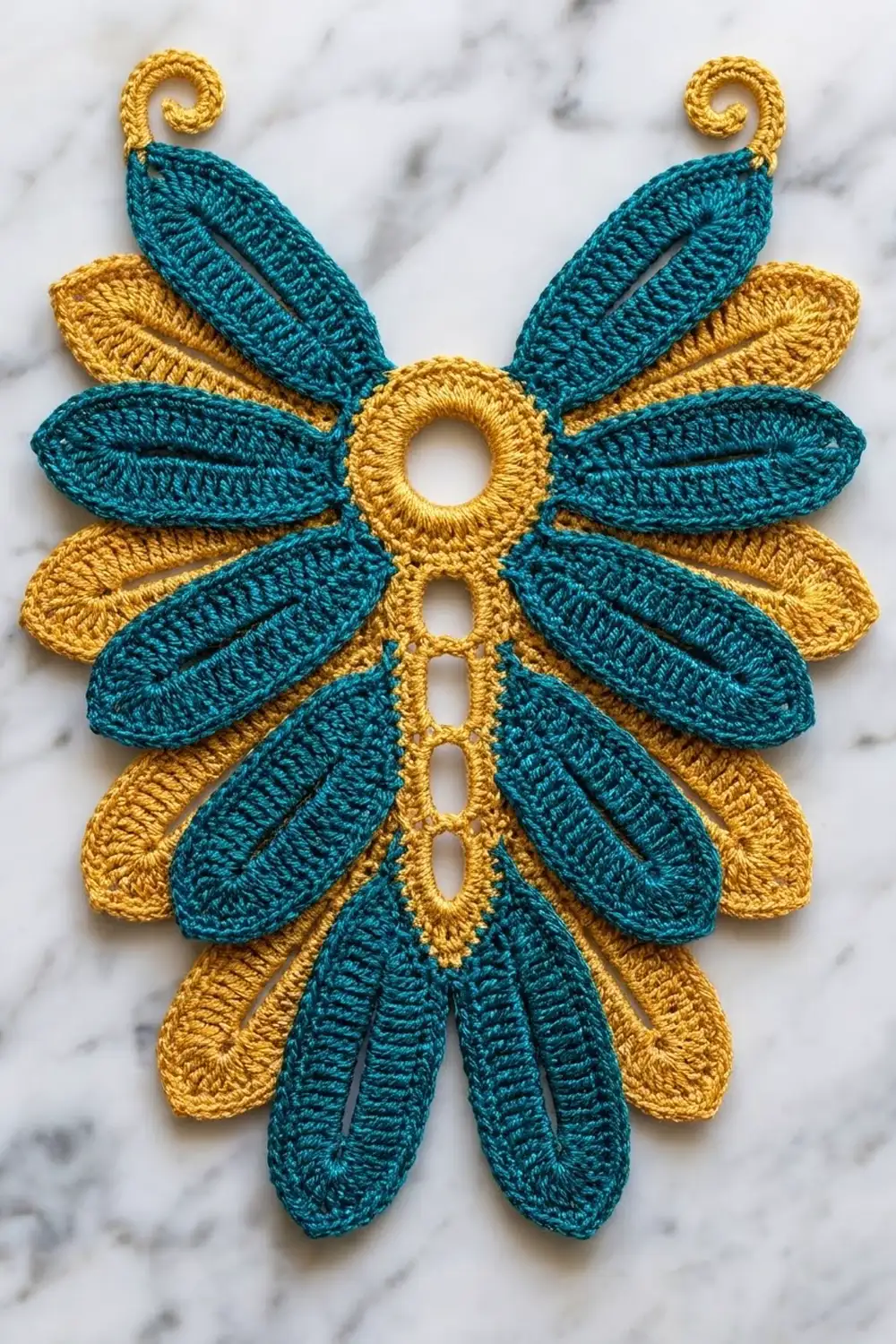 A crocheted flower appliqué featuring alternating teal and golden yellow petals with spiral stems on marble.
