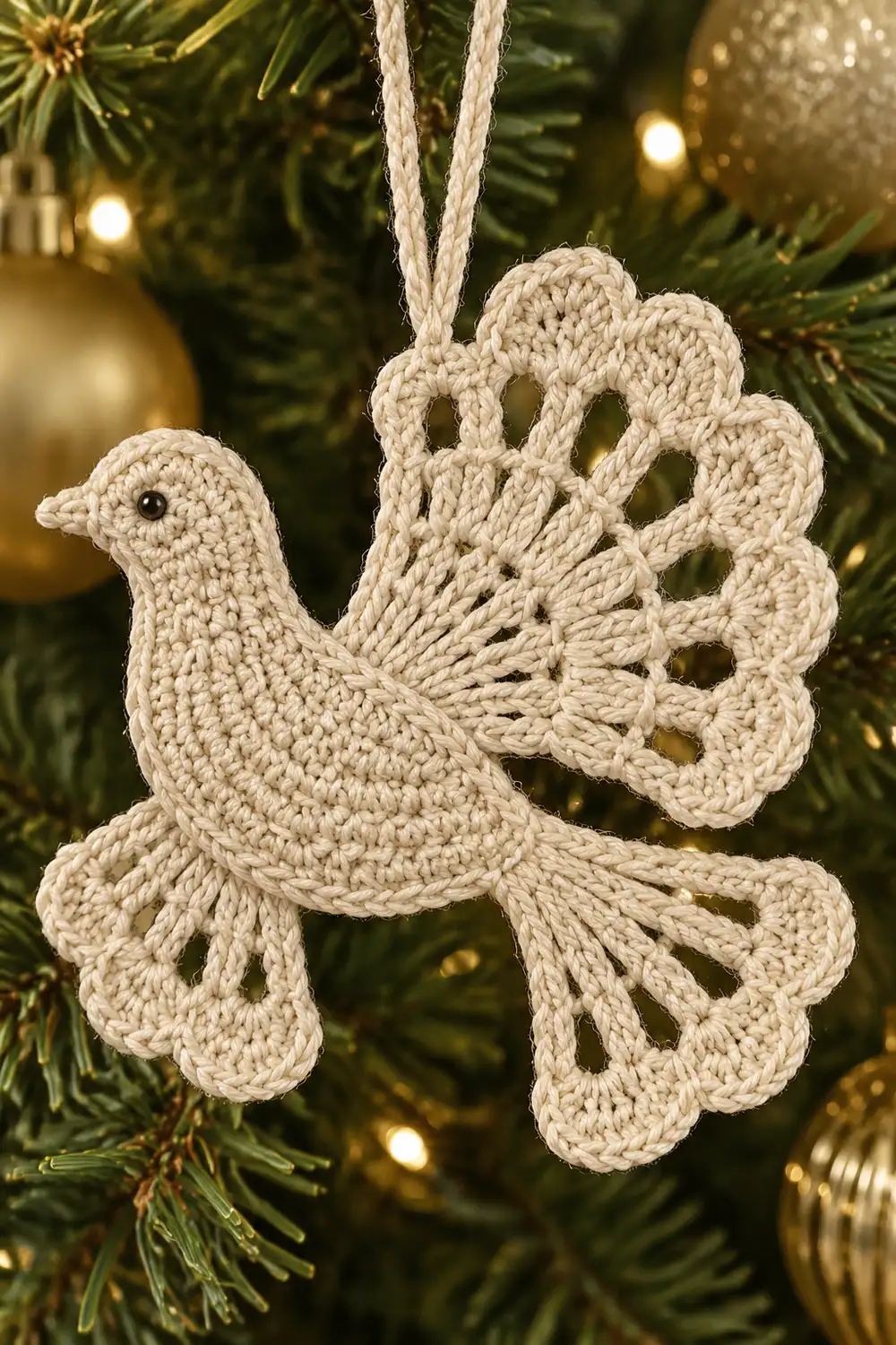 Cream-colored crocheted dove ornament with lacy wings hanging from twine on an evergreen branch.
