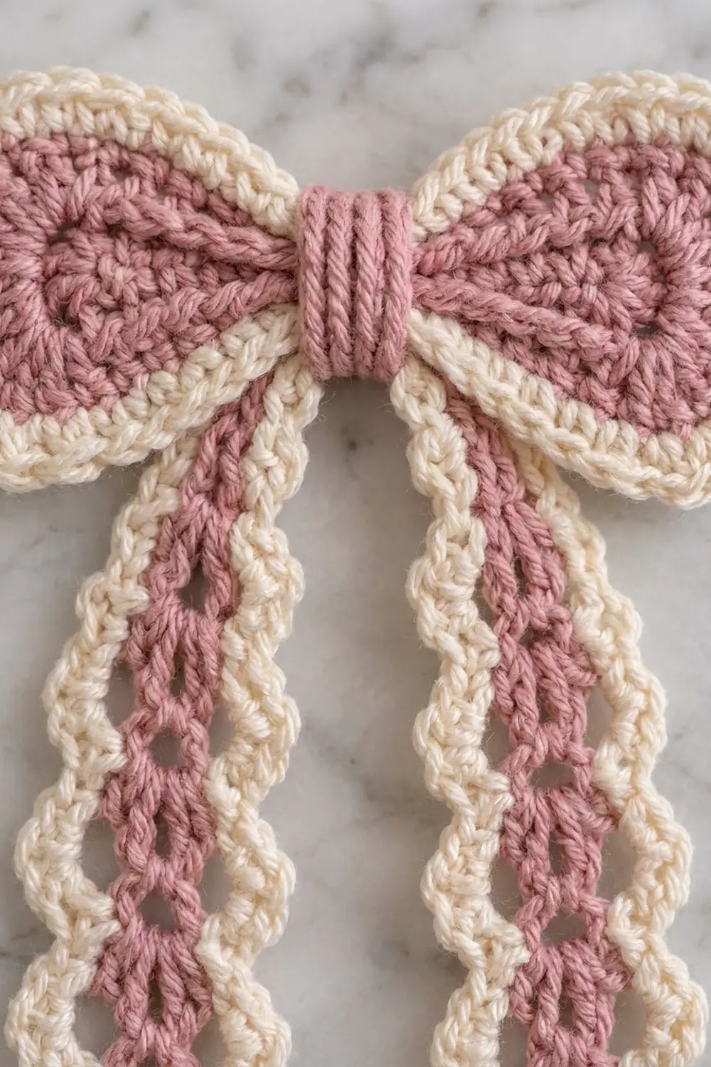A crocheted bow with pink and cream striped pattern tied with trailing rope ends on marble background.