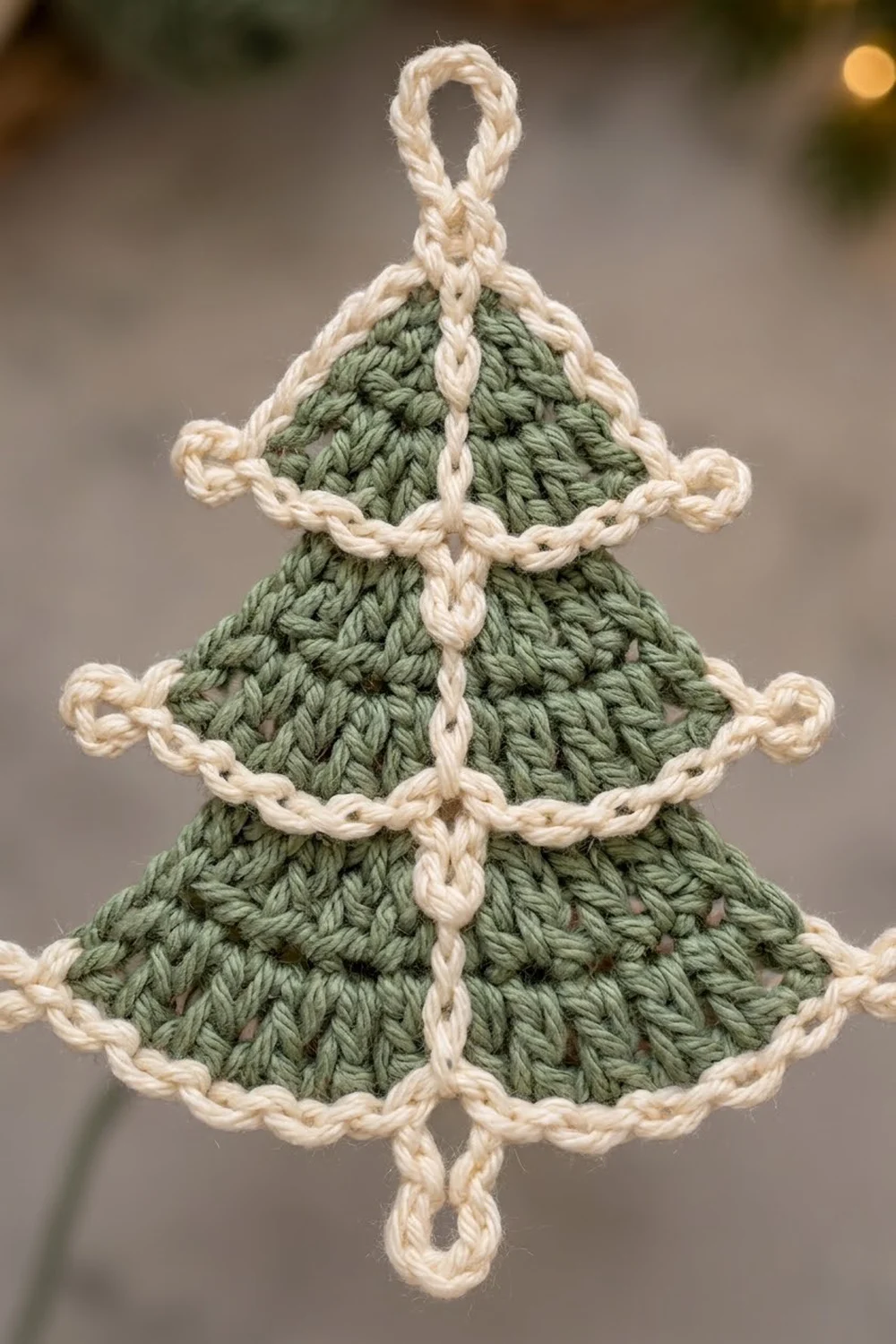 A crocheted Christmas tree ornament in sage green with cream-colored trim and loop hanging detail.