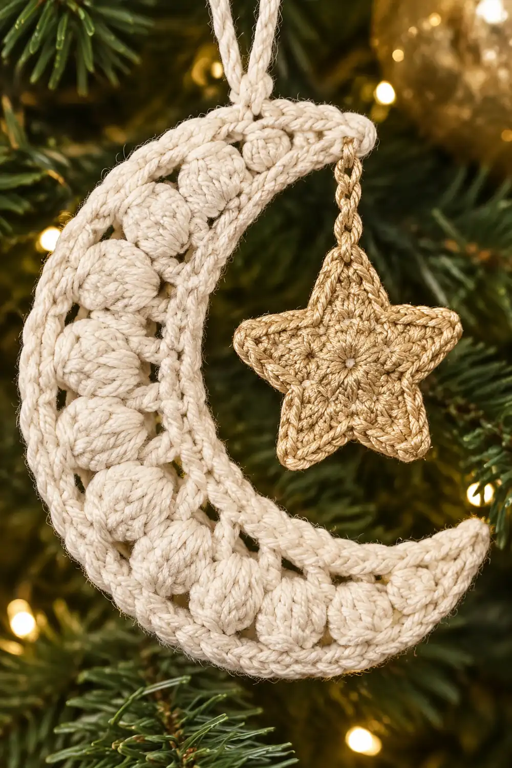 Crocheted cream moon ornament with small gold star hanging from evergreen branch with warm lights.