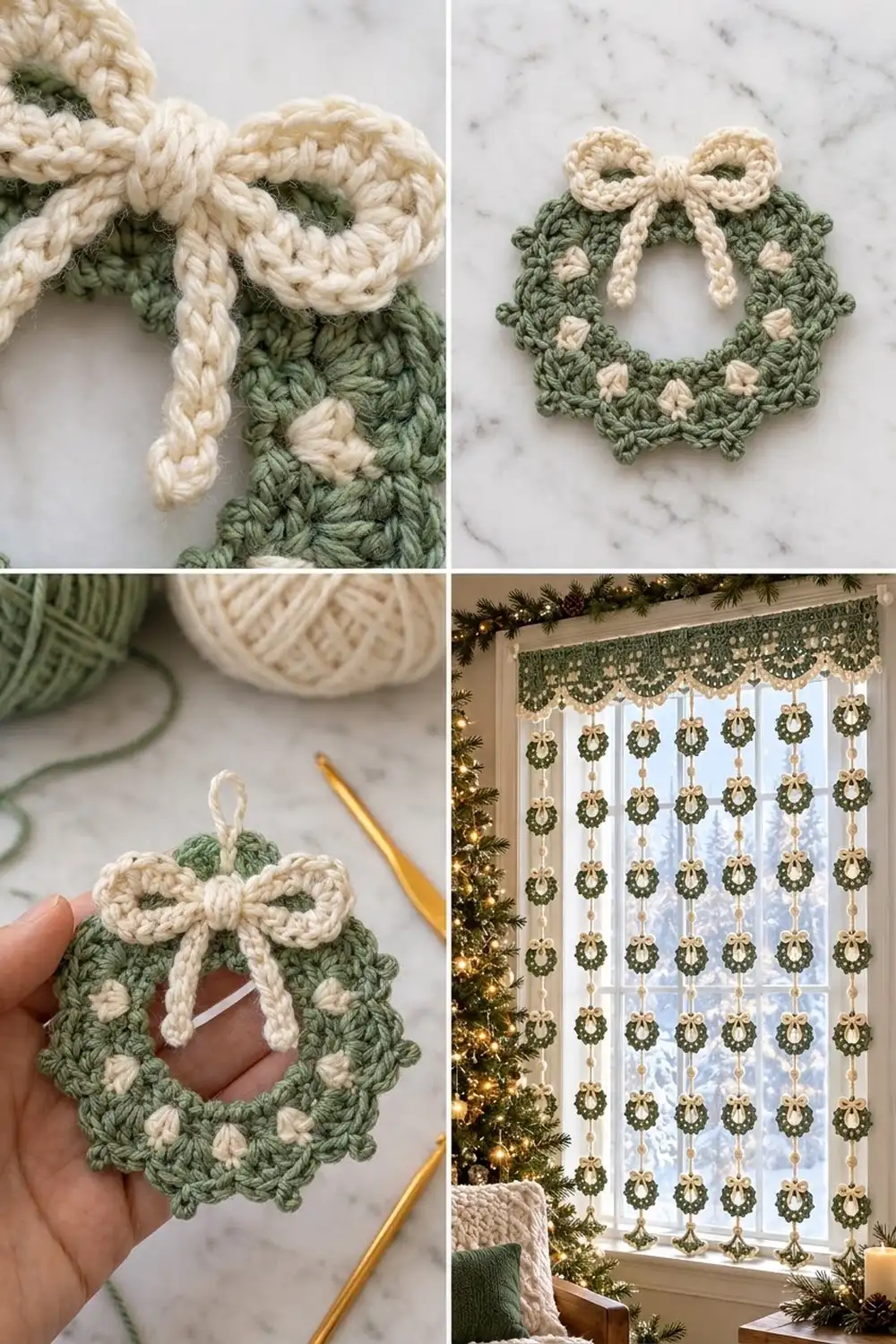 Crocheted green and cream wreath ornaments with bows displayed on marble surface and in festive window installation.