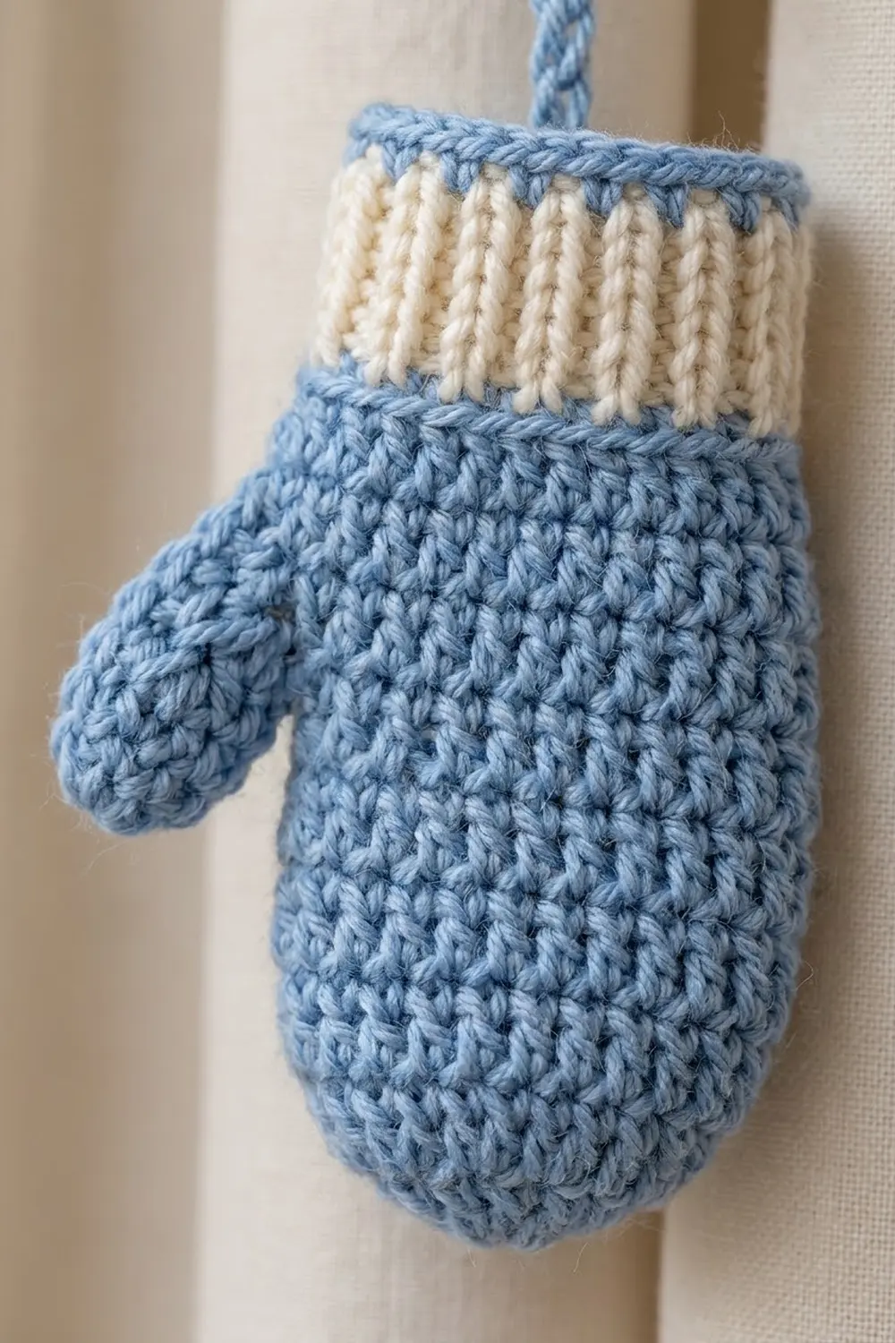 A knitted mitten in blue and cream with ribbed cuff detail hanging against a neutral beige wall.