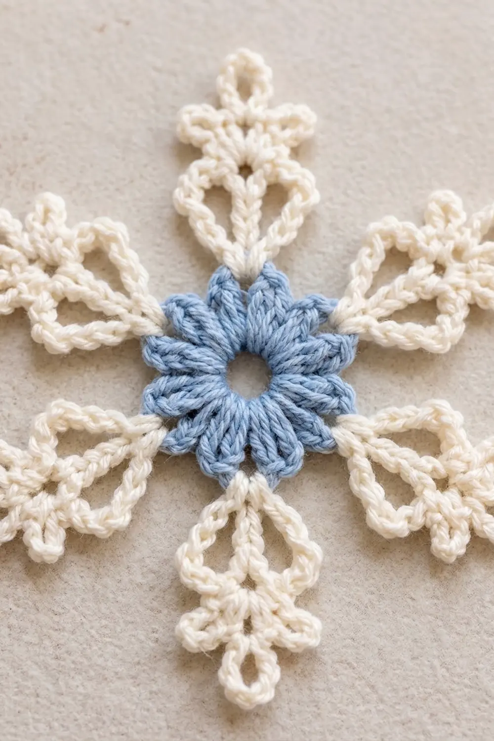 A crocheted snowflake ornament with a blue center flower surrounded by cream-colored loops on beige fabric.