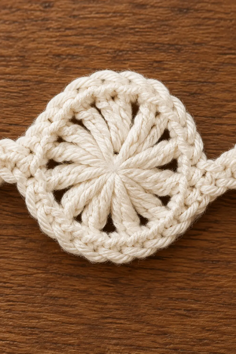 A cream-colored twisted rope coaster with an eight-pointed star pattern sits on a rich brown wooden surface.