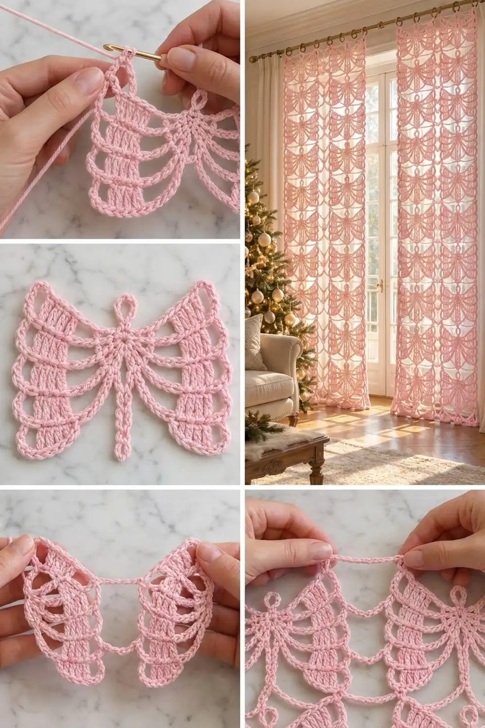 Pink crochet lace curtains with delicate shell stitch pattern hanging on brass rod near window with holiday decor.