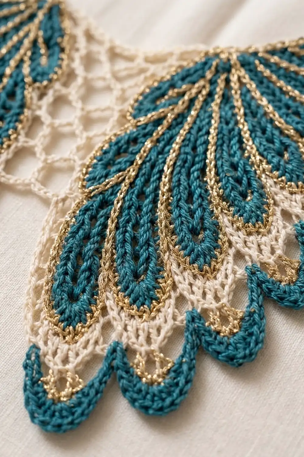 Close-up of teal and cream crocheted lace trim with gold metallic thread detailing on white fabric.