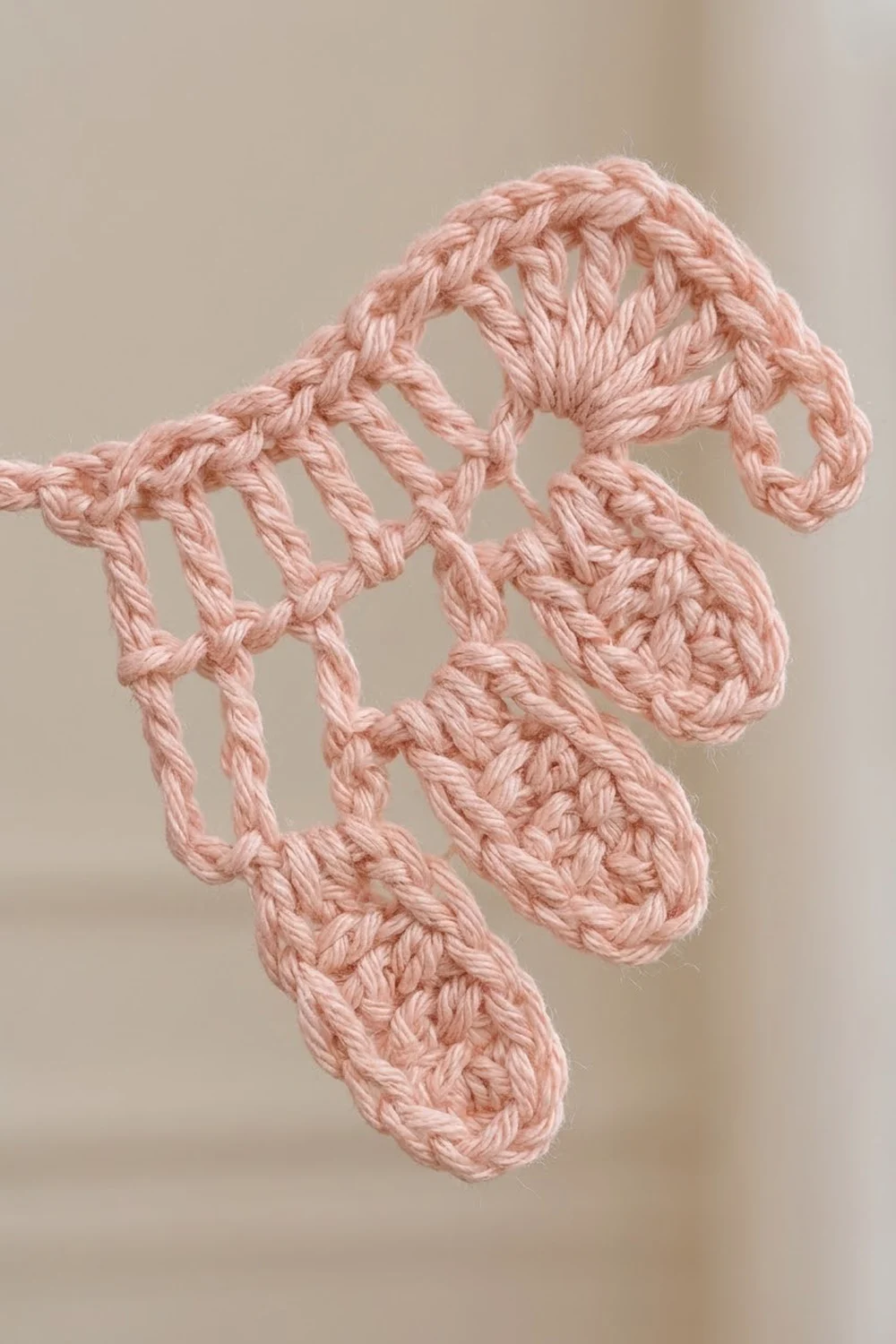 Close-up of a delicate pink crocheted ornament with teardrop shapes hanging against a soft beige background.