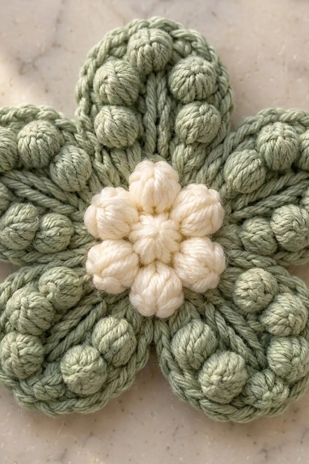 Crocheted cactus with sage green textured body and cream-colored flower bloom displayed on neutral background.
