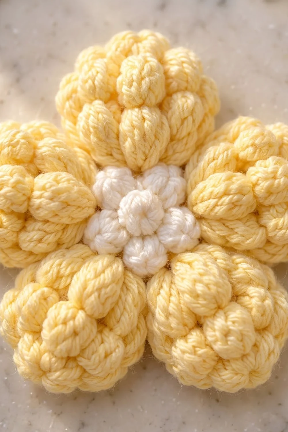 Twisted cream and white rope arranged in a flower pattern with one white center petal on marble surface.