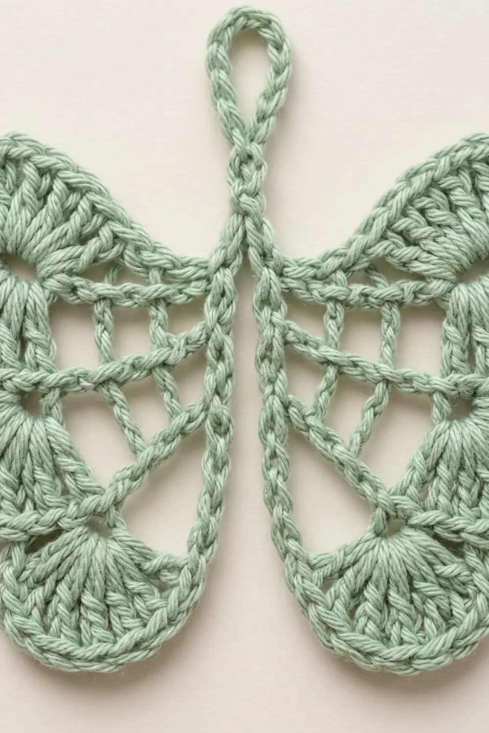 Pale green crocheted ornament featuring two teardrop shapes connected by braided straps against a white background.