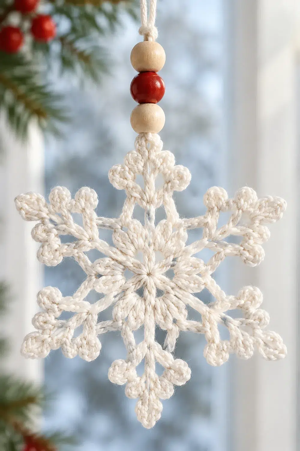 A crocheted snowflake ornament with natural wood and red beads hanging from twine against a blurred winter window.