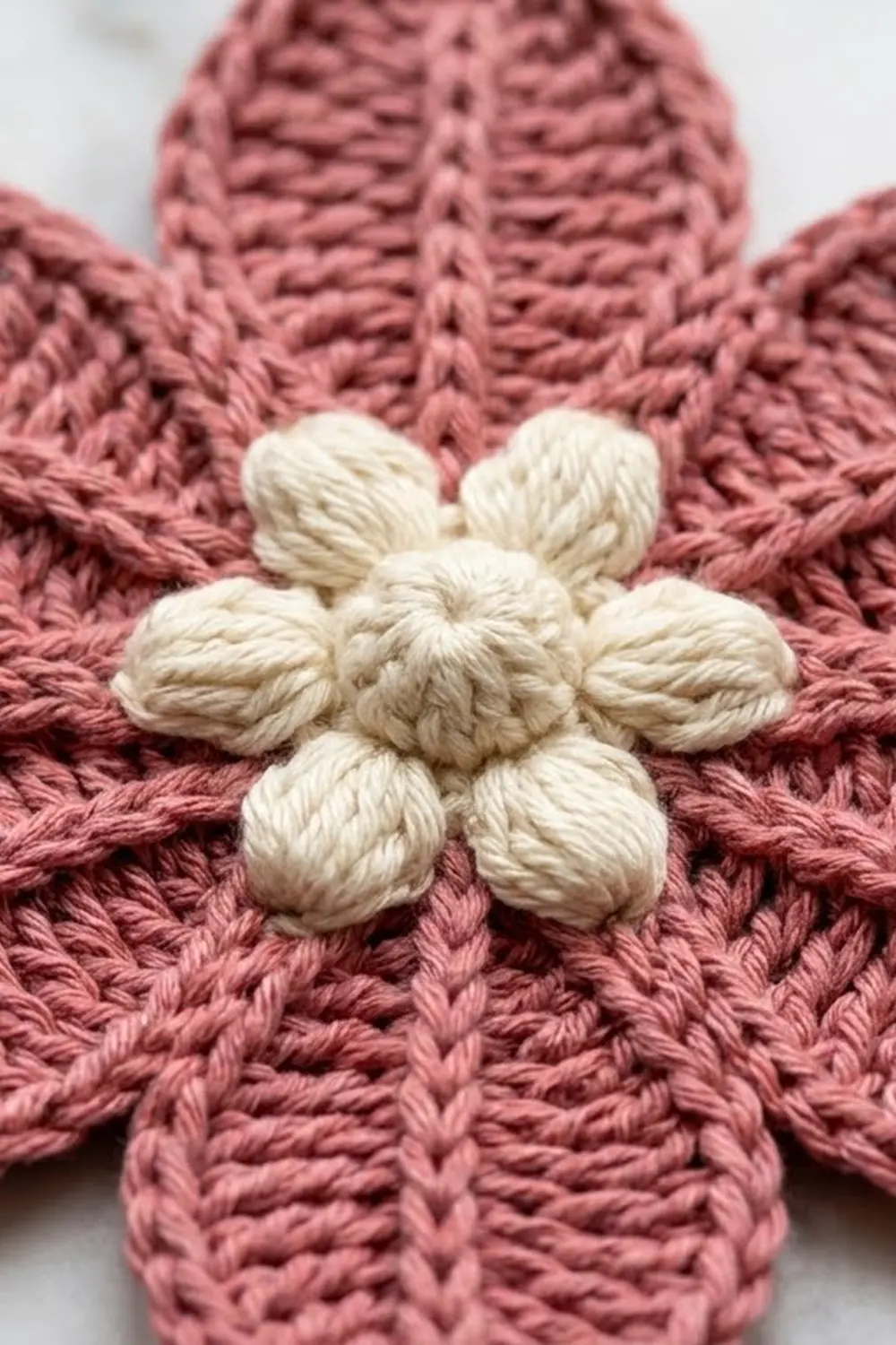 A cream-colored knitted flower decoration with six petals sits centered on a dusty rose pink knitted fabric background.