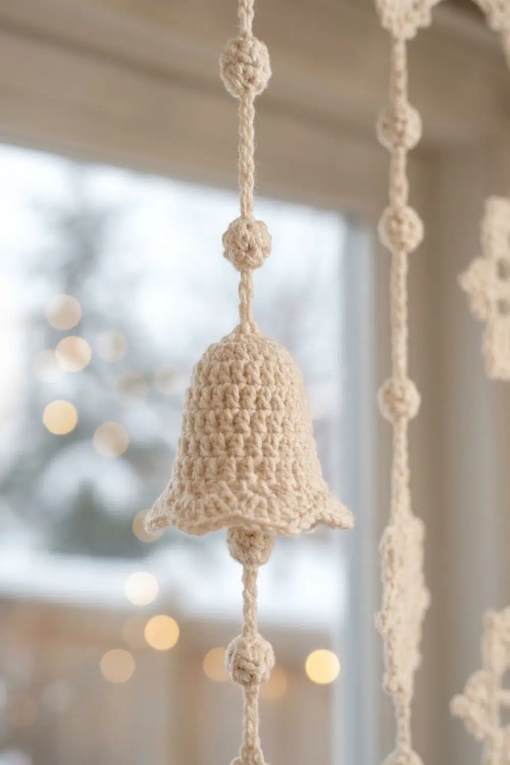 Crocheted cream-colored bell ornaments with knots hanging in front of a window with warm bokeh lights.
