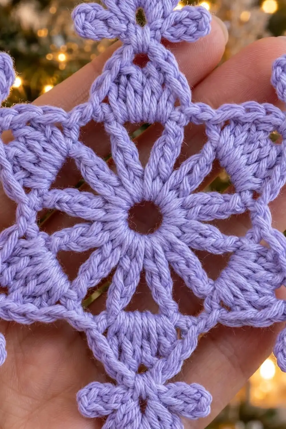 A delicate lavender crocheted snowflake ornament held in someone's hand with twinkling Christmas lights in the background.