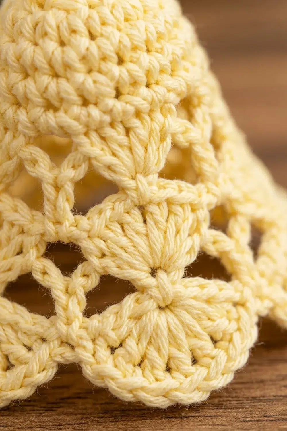 Close-up of natural cream-colored twisted rope coiled on a brown wooden surface.
