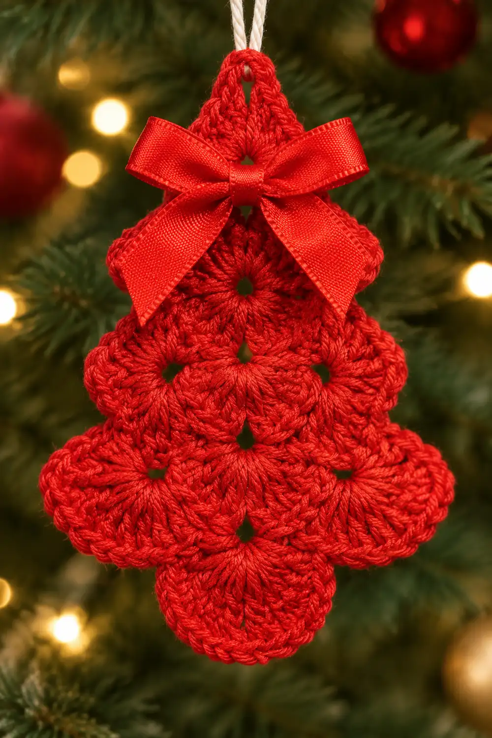 A red crocheted Christmas tree ornament with a bow hanging on an evergreen tree with blurred lights.